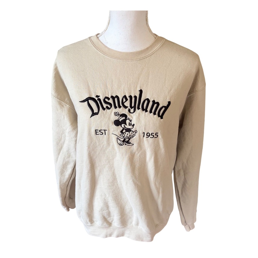 Disneyland Minnie Mouse Sweatshirt‎ Crewneck Embroidered Beige Black Size Medium